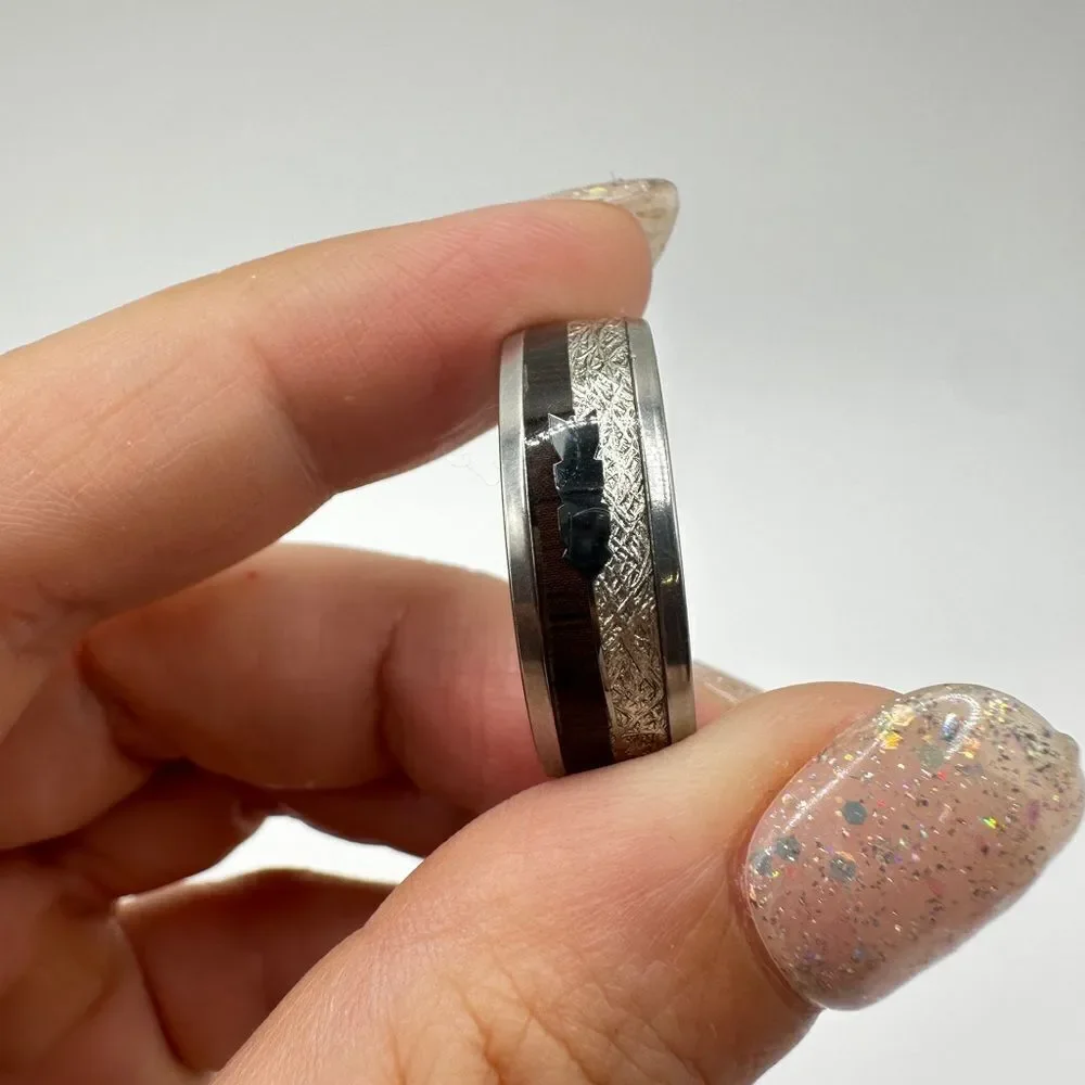 Men's size‎ 12.5 silver with resin/high polish scroll design, wood/ arrow ring!